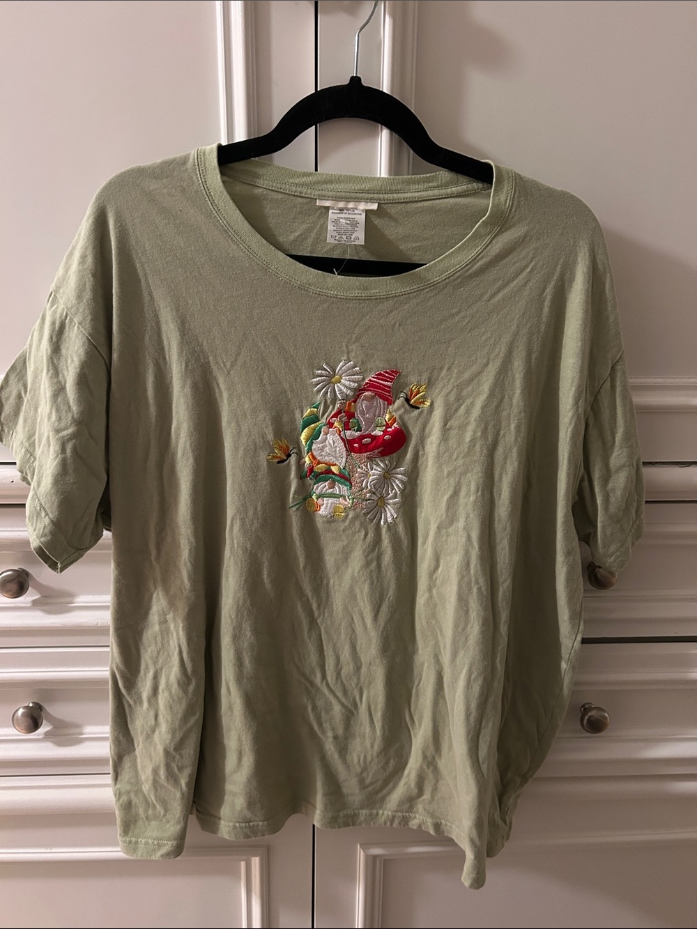 Gnome Embroidered Sage Green Women's Short-Sleeve Tee (24 inches pit to pit)